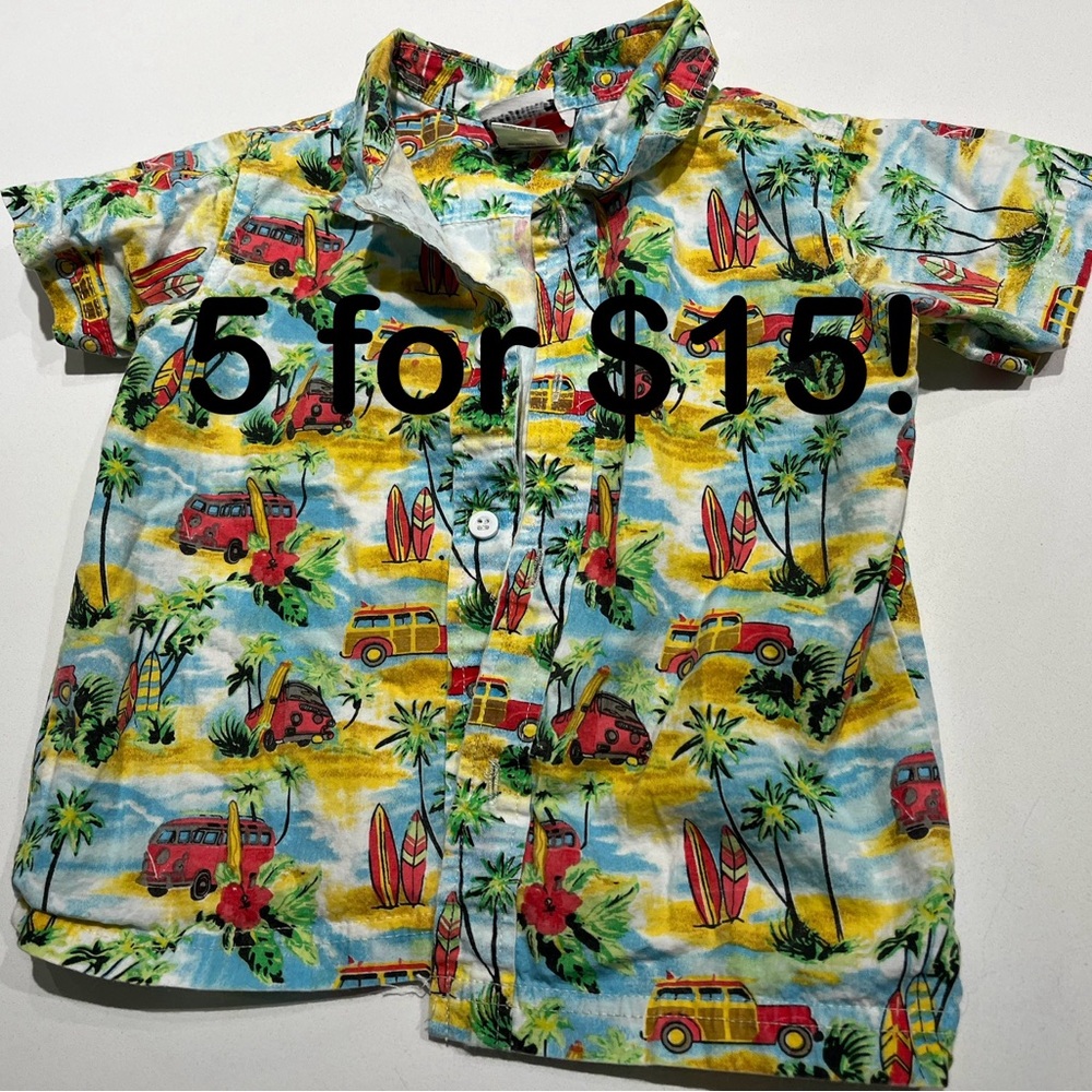 Hawaiian Aloha wear short sleeve boys shirt 24 mo 2T cars and surfing